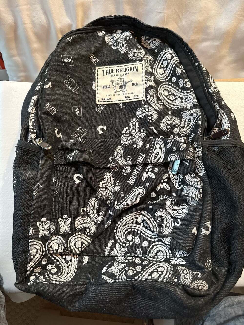 True Religion Costner Backpack Black White Paisley Bandana World Tour Logo